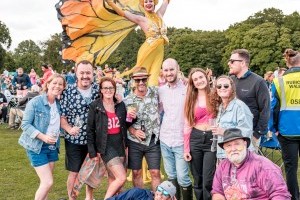 Guests with Stilt Walkers at Classic Ibiza Tatton 2023